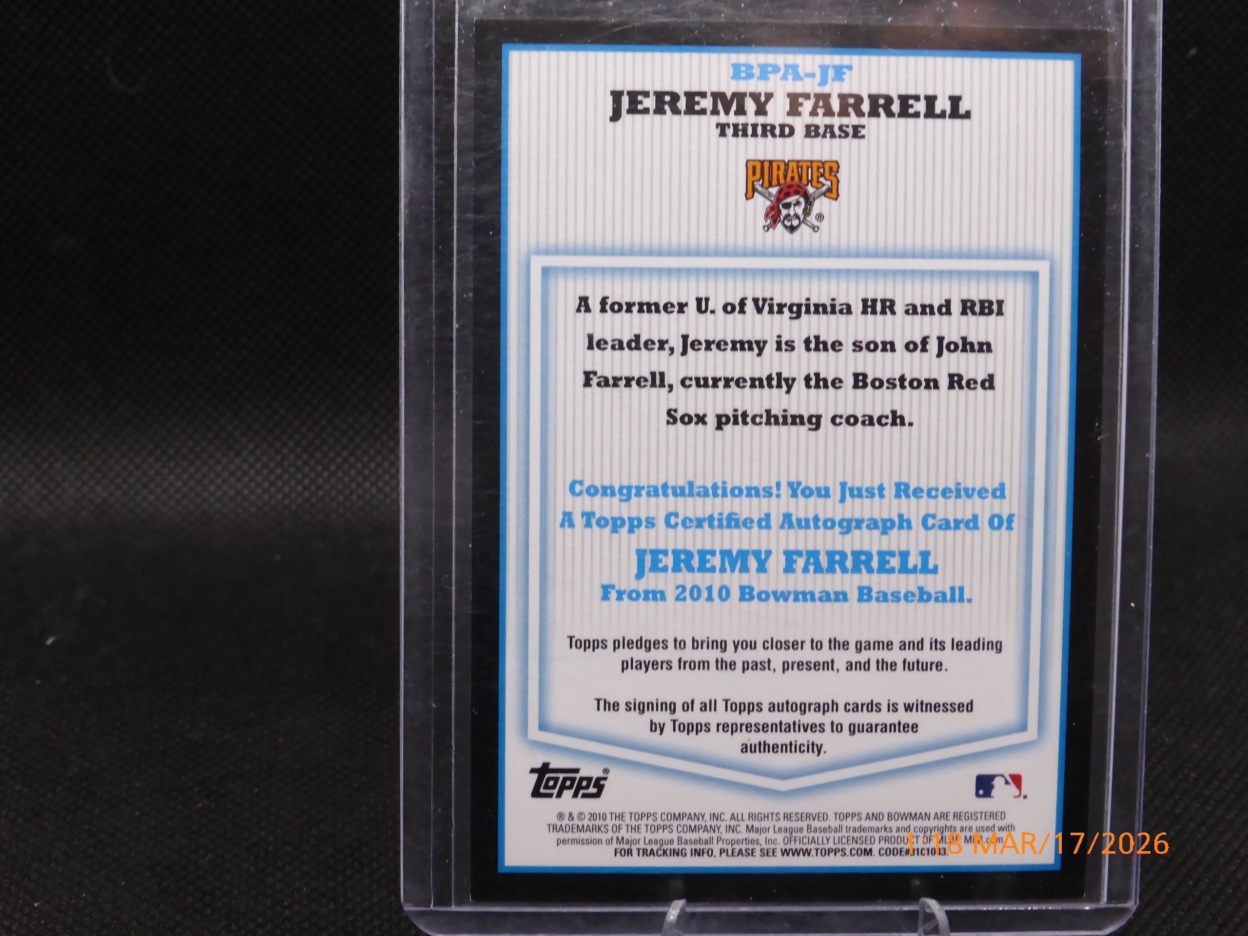 10 Bowman Jeremy Farrell #BPA-JF Autograph