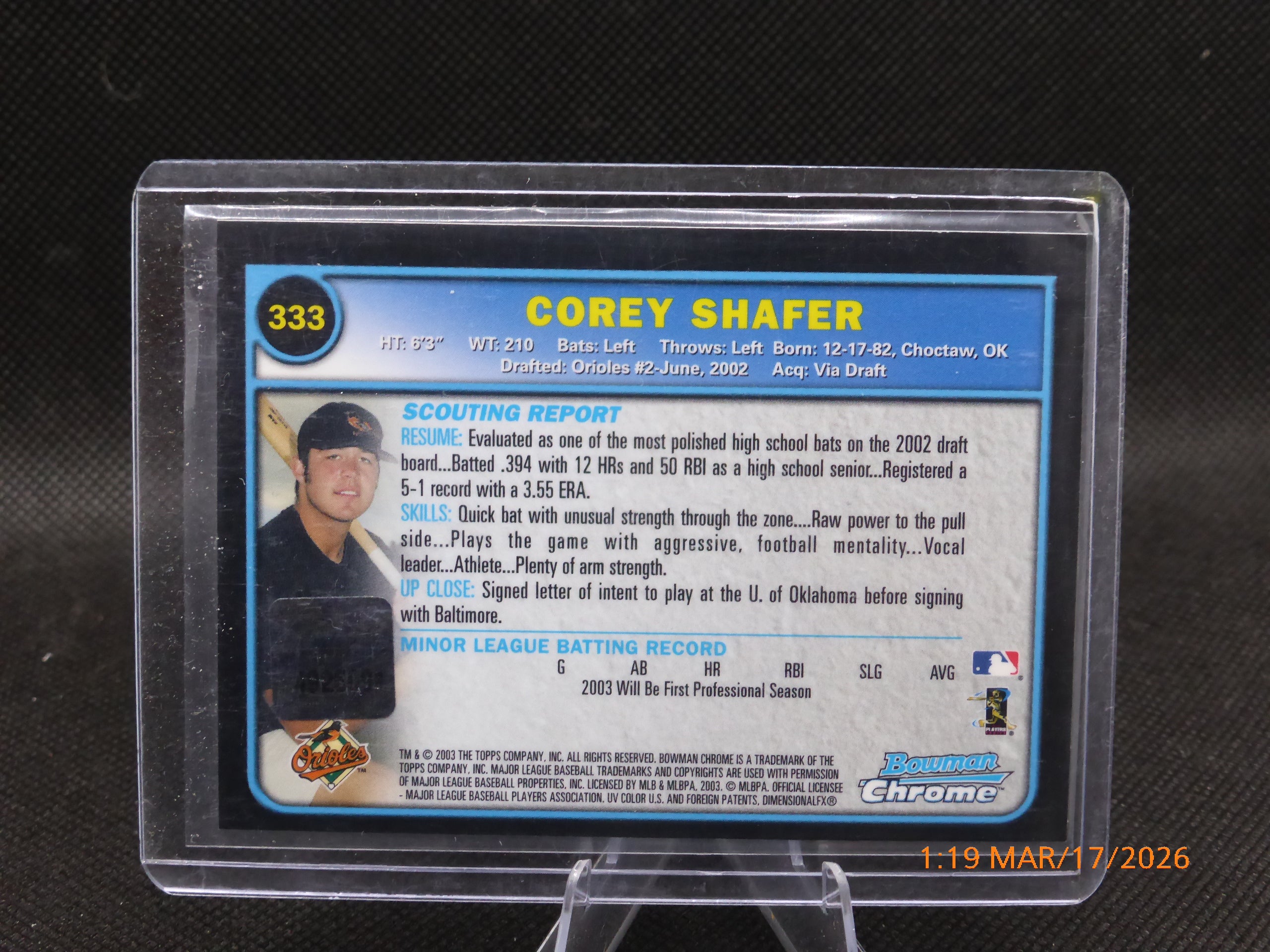 13 Bowman Chrome Corey Shafer #333 Autograph