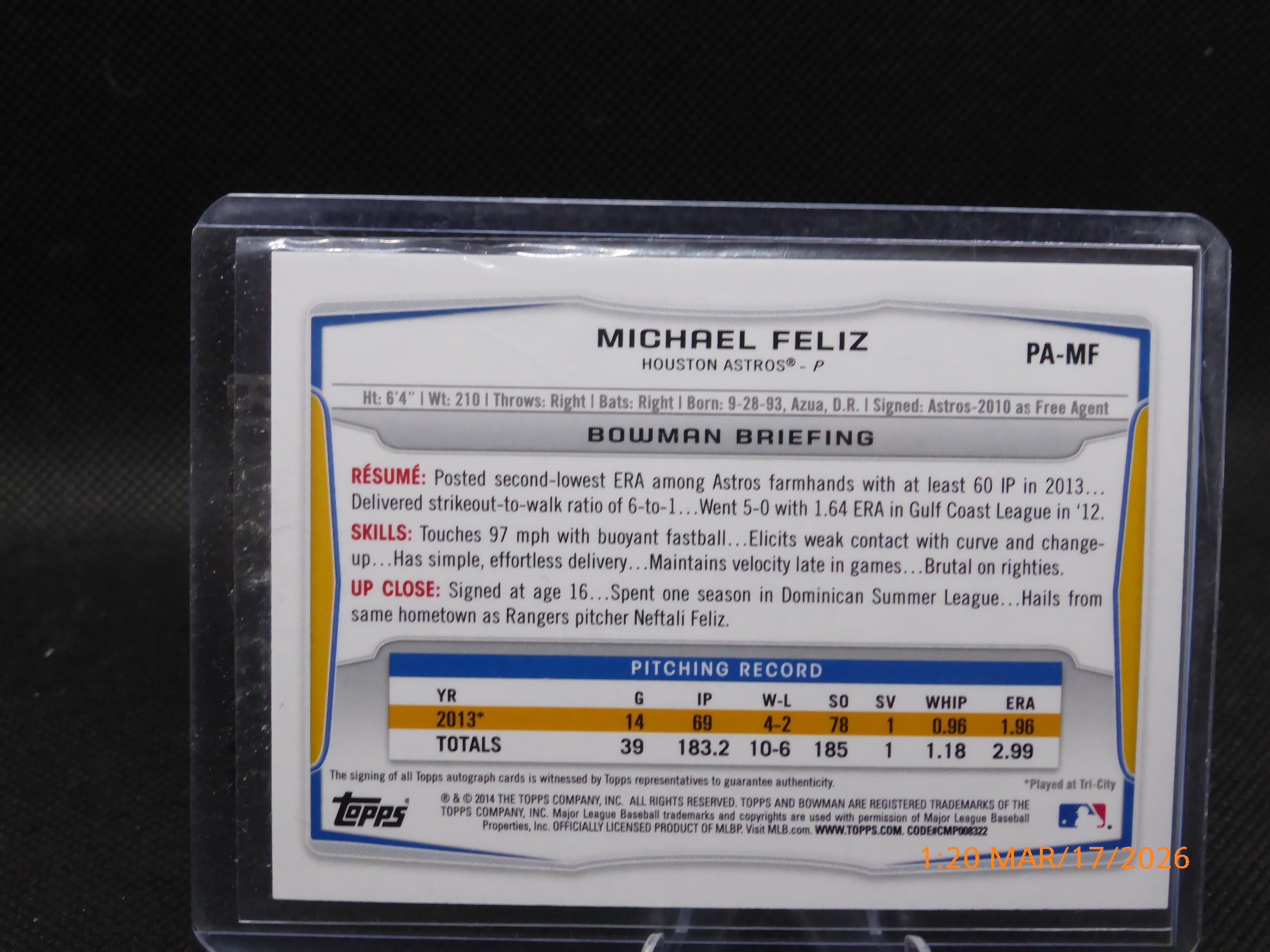 14 Bowman Michael Feliz #PA-MF Autograph