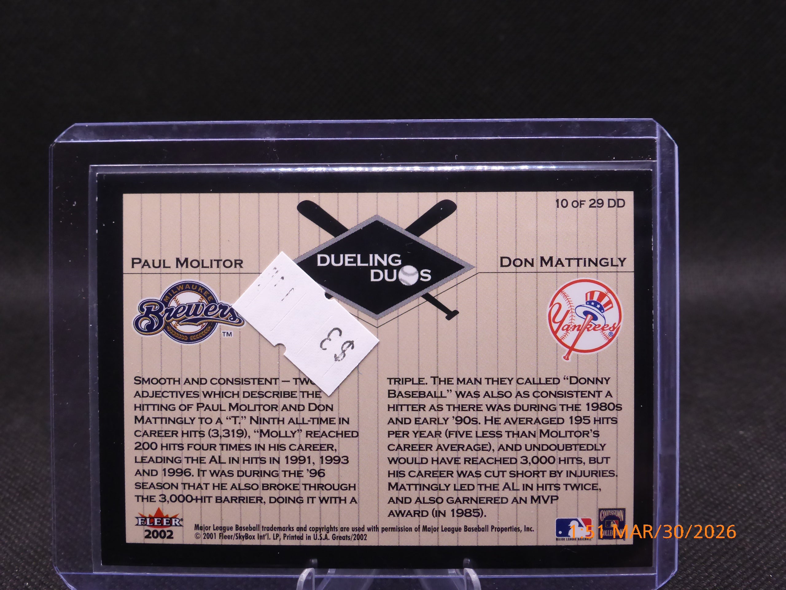 2001 Fleer Greats Molitor Mattingly #10 of 29 DD