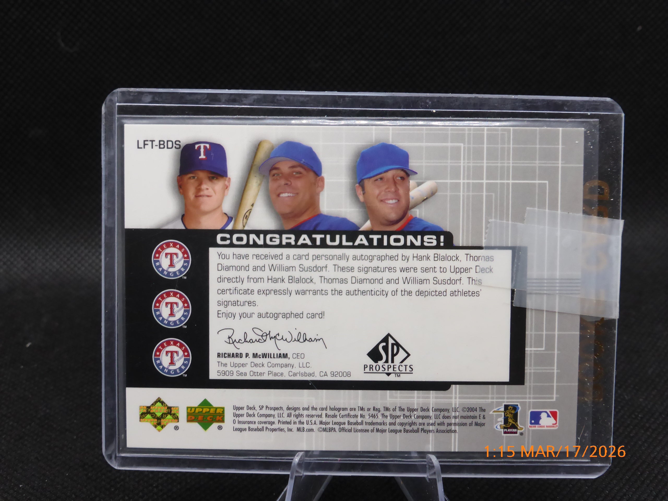 2004 SP Prospects HANK BLALOCK THOMAS DIAMOND BILLY SUSDORF RC Triple Auto #50