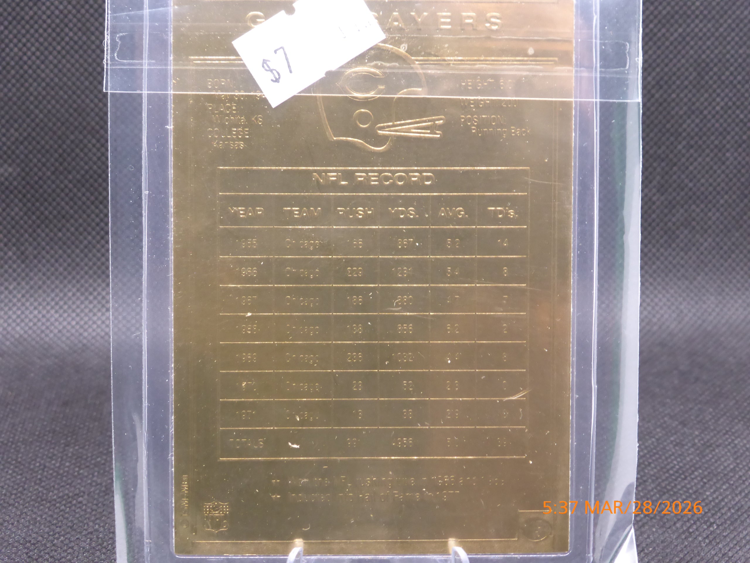 22kt Gold Football Card Gale Sayers Chicago Bears Mint Condition