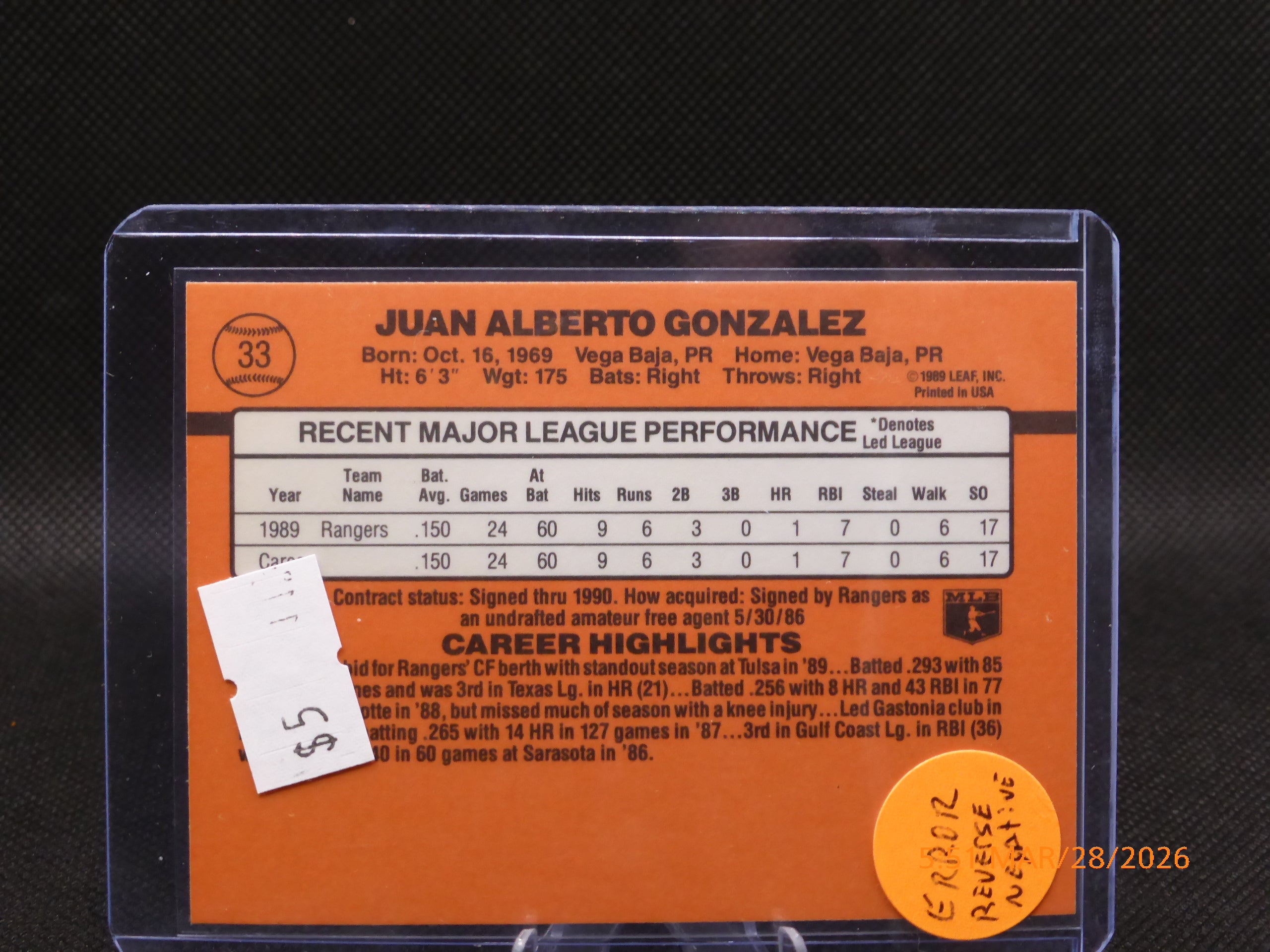 90 Donruss Juan Alberto Gonzalez #33 Error