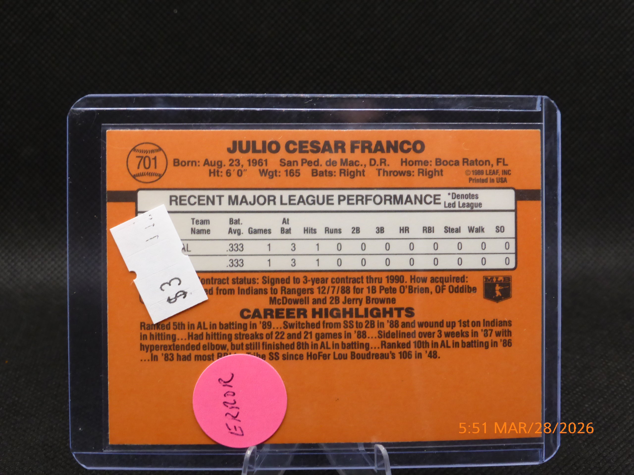 90 Donruss Julio Cesar Franco #701 Error