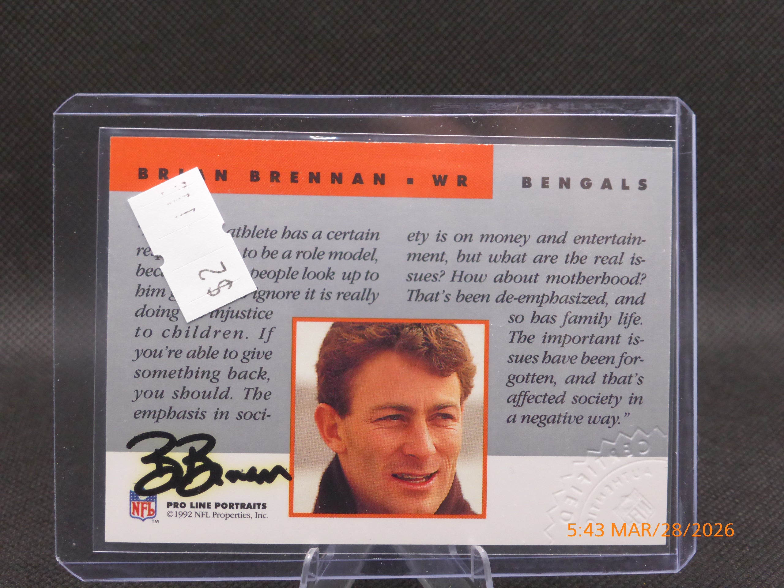 92 Pro Line Portraits Brian Brennan Autograph