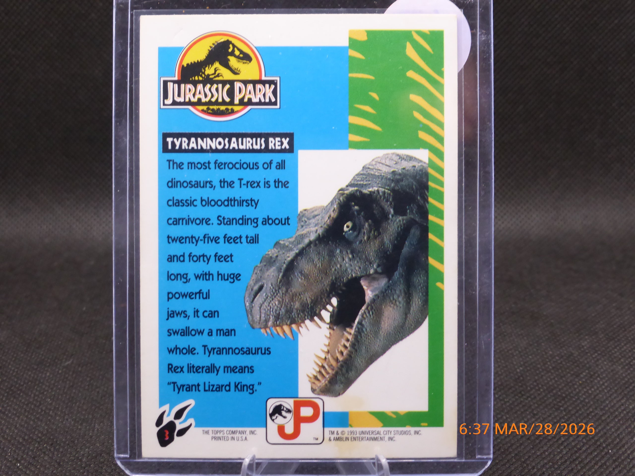 93 Topps Jurassic Park Tyrannosaurus Rex #3
