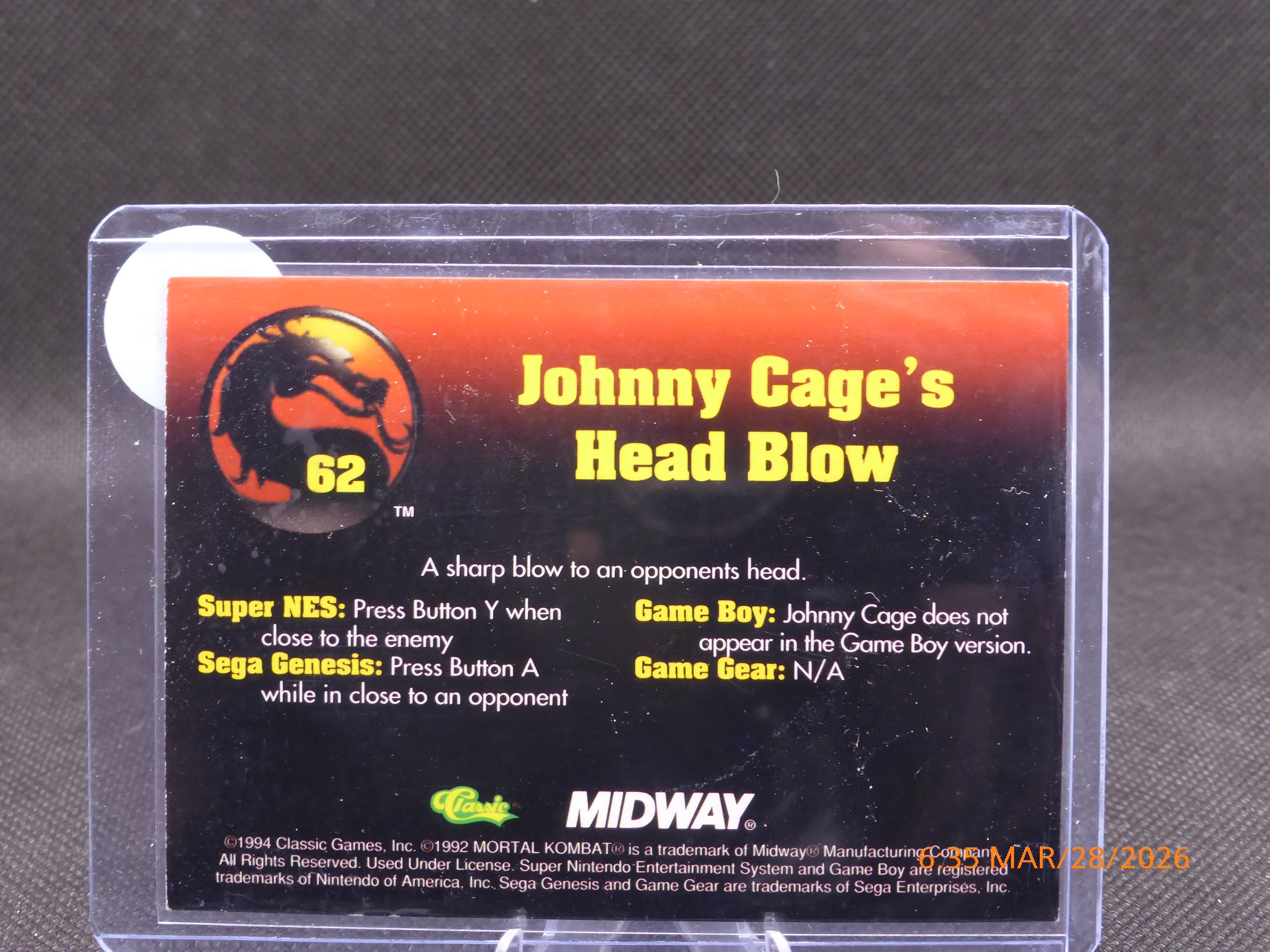 94 Classic Mortal Combat Johnny Cage's Head Blow #62