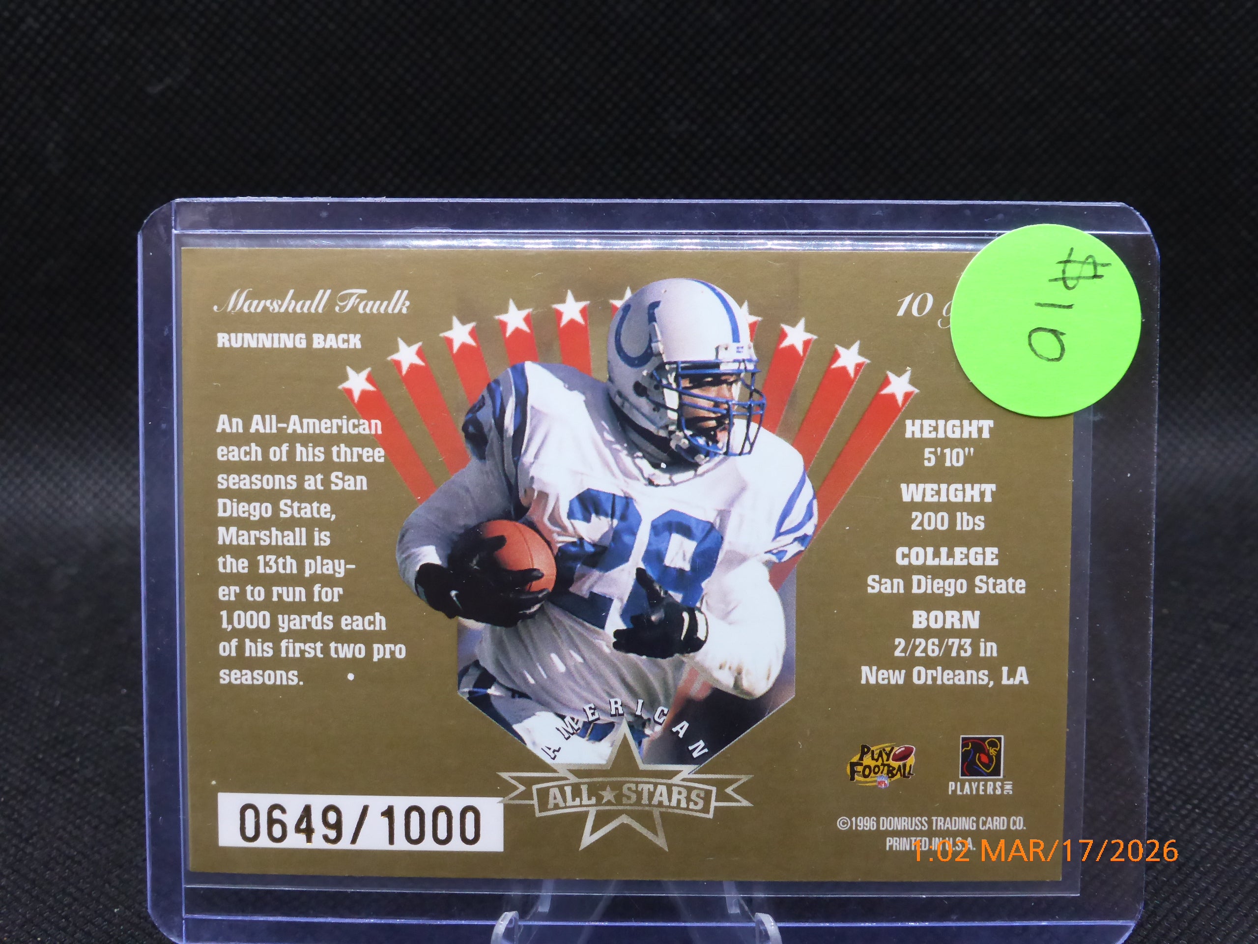 96 Leaf Marshall Faulk #10 of 20 Gold All Star Team 649/1000