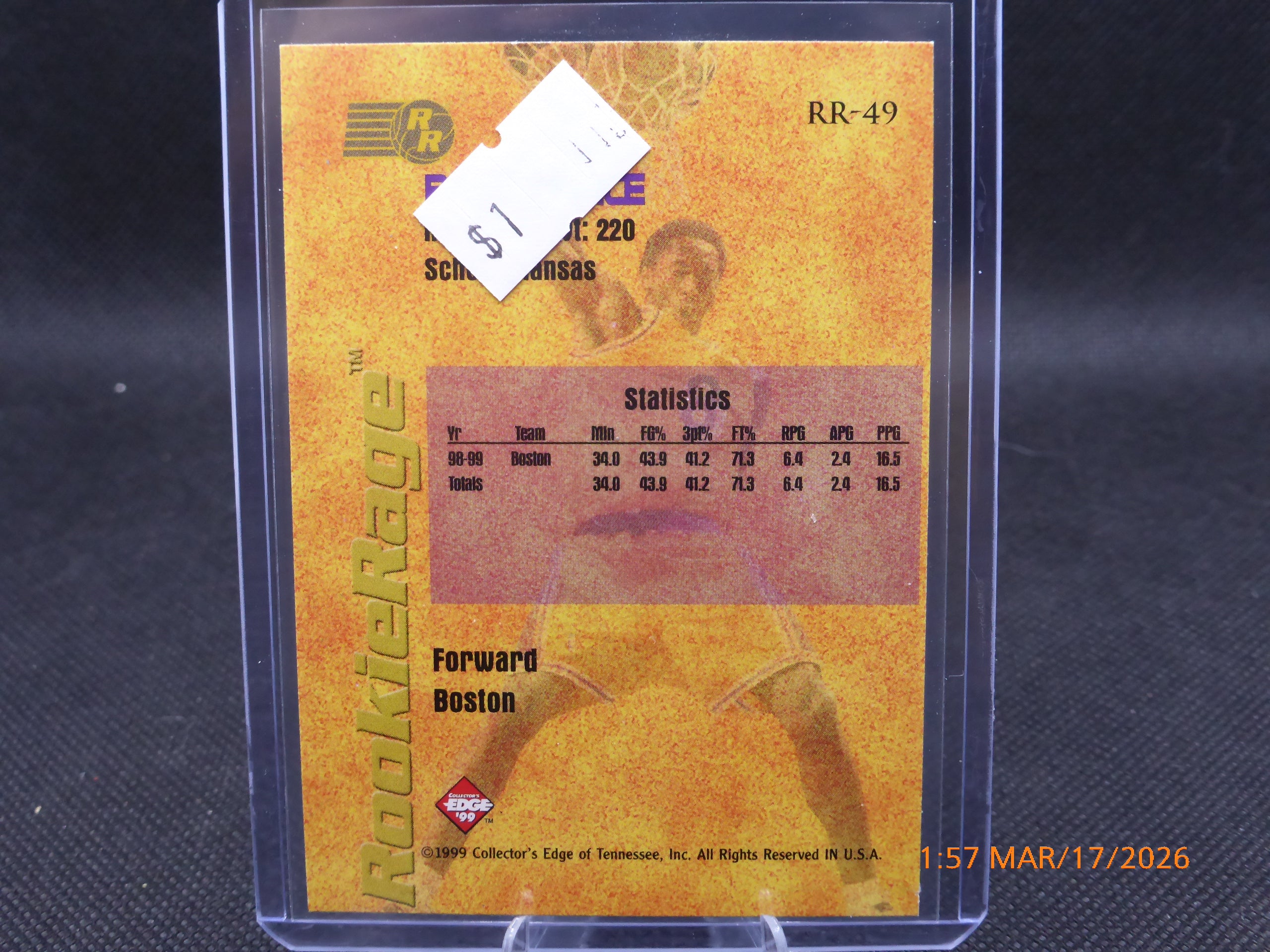 99 Collector's Edge Paul Pierce #RR-49 Rookie Rage