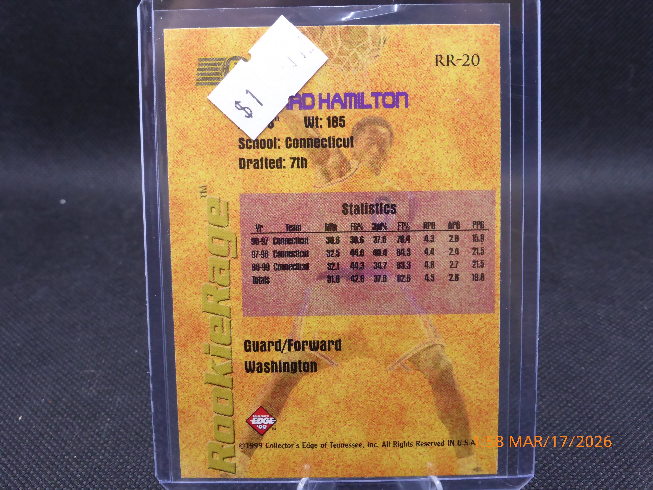99 Collector's Edge Richard Hamilton # RR-20 Rookie Rage