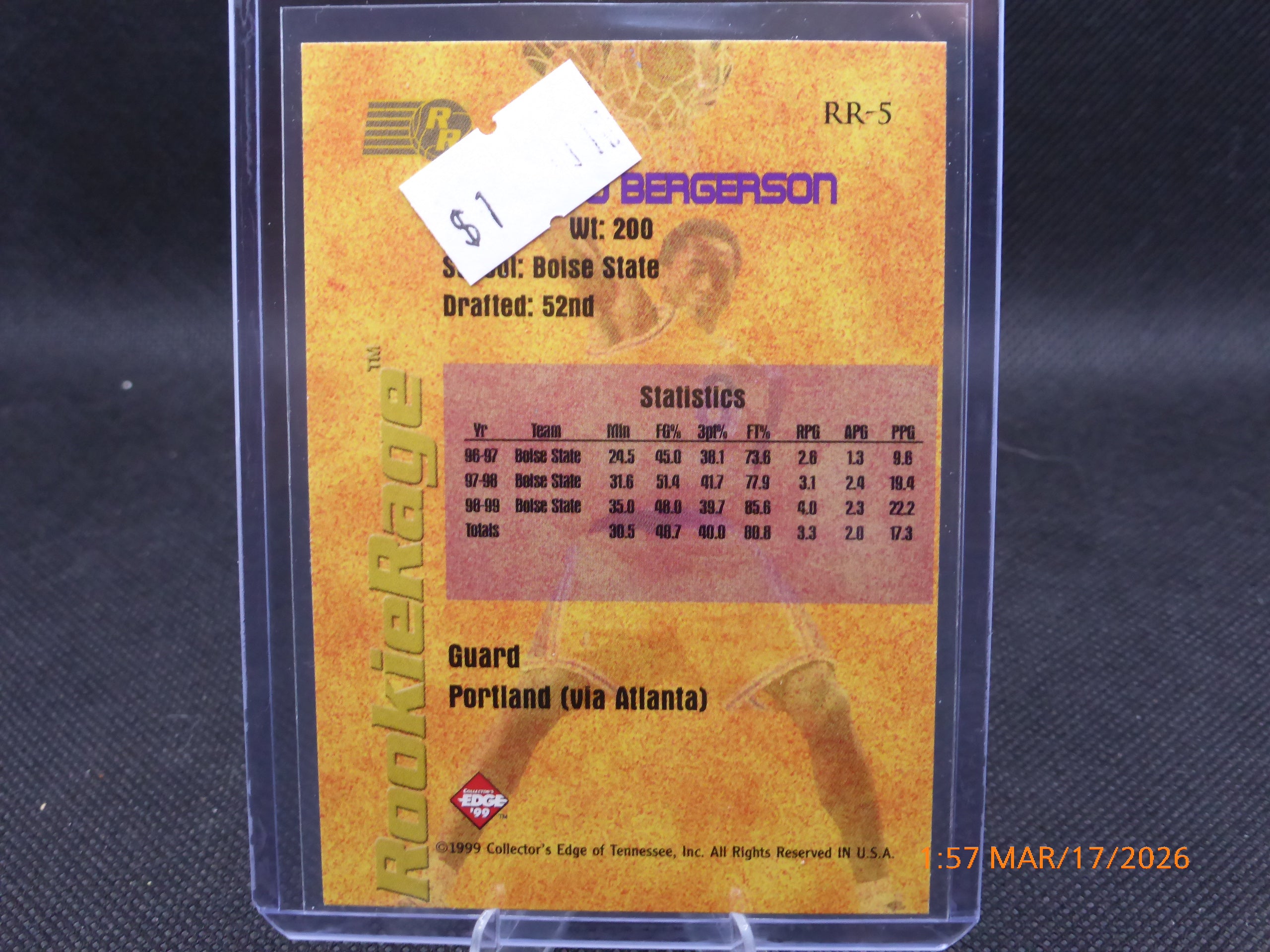 99 Collector's Edge Roberto Bergerson #RR-5 Rookie Rage
