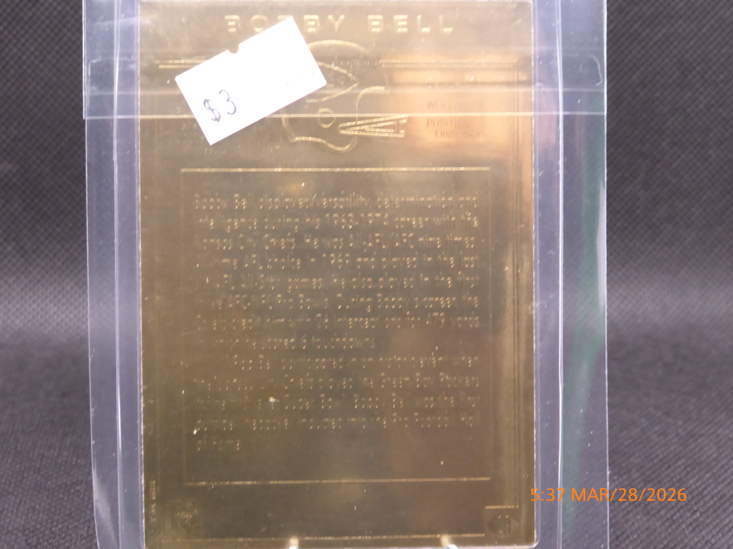 Kansas City Chiefs-BOBBY BELL, DANBURY MINT 22K GOLD LEGEND CARD #29-Minnesota